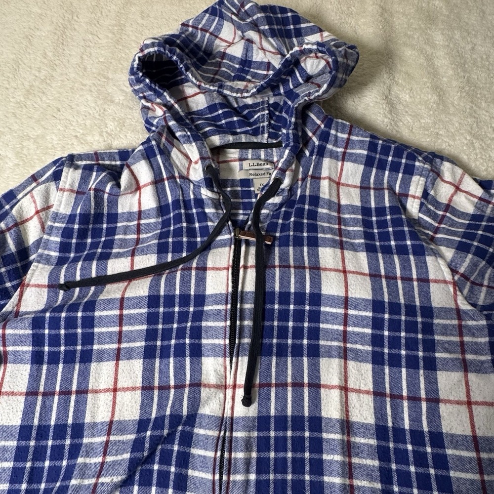 L.L.Bean Men's Plaid Flannel Hooded Shirt Jacket Full Zip Blue Red White